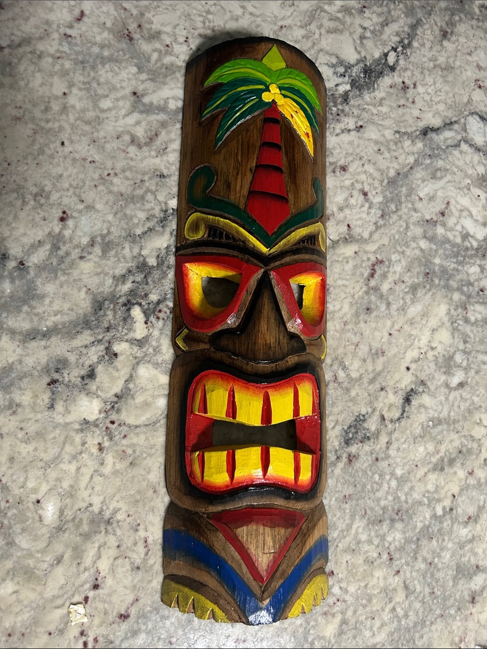 Hand-Painted Wooden Tiki Mask with Bright Tropical Colors